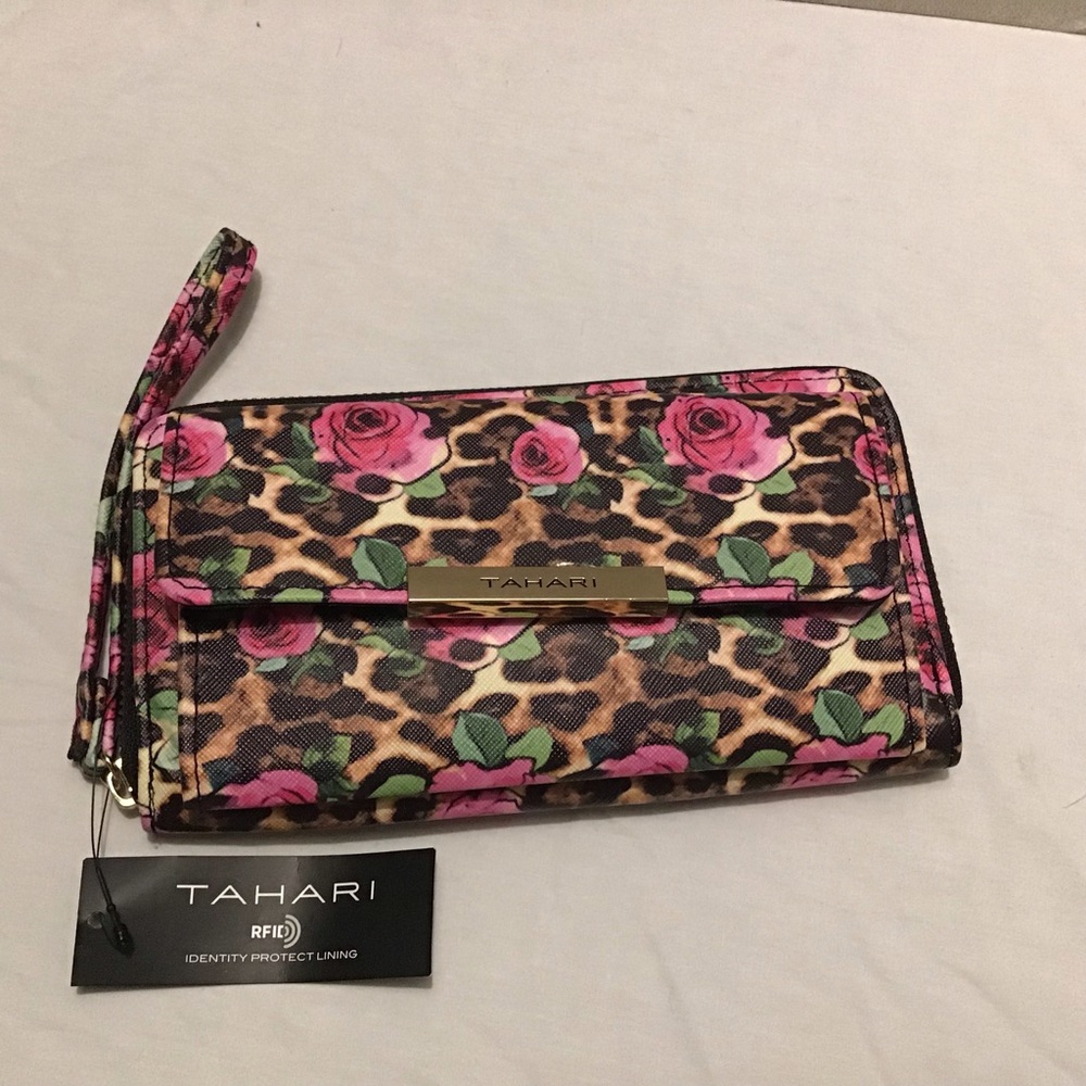 Tahari Cheetah Print W/Pink Roses Identity Protect